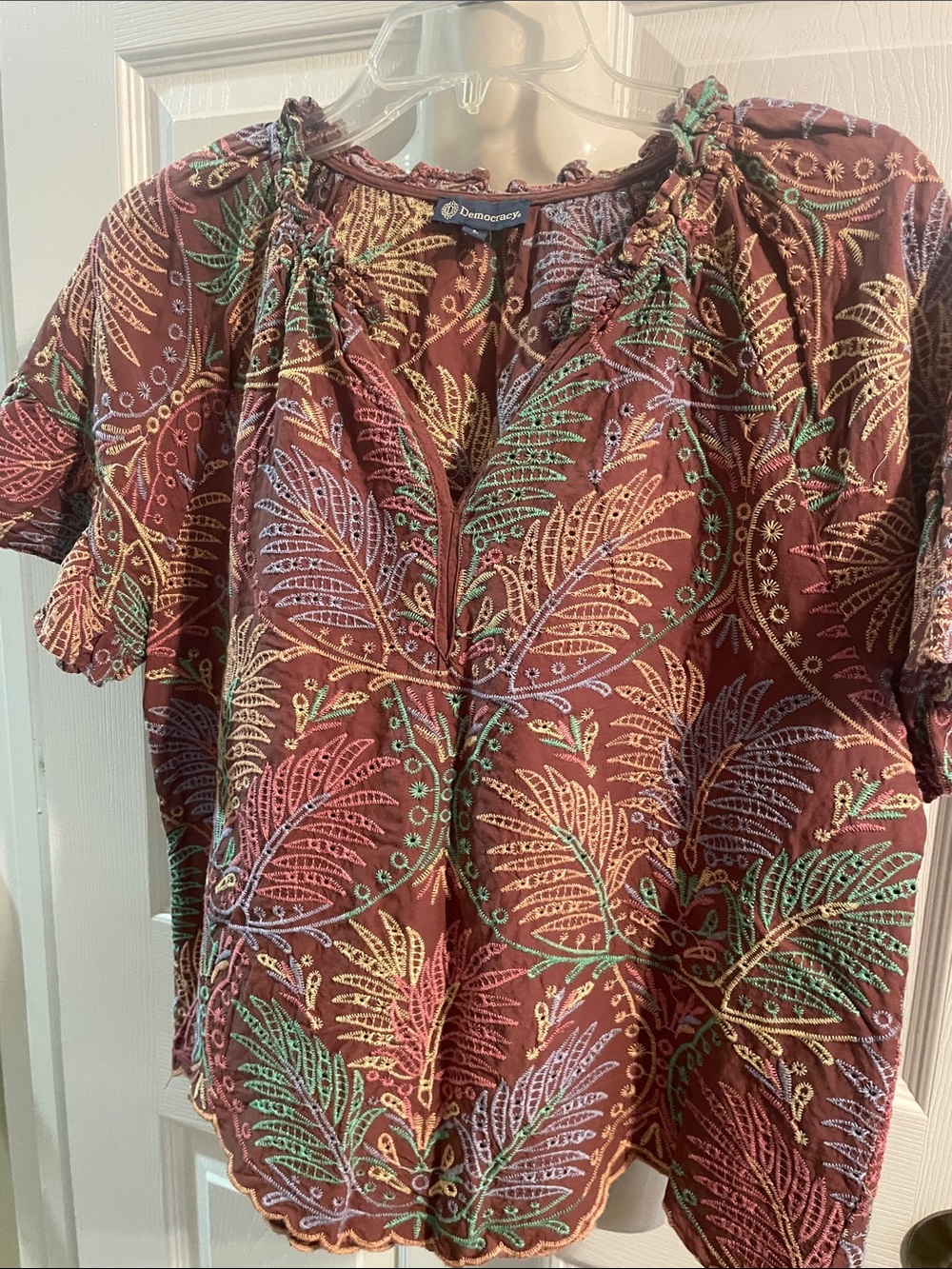 Democracy Brown Short Sleeve Embroidered Peasant Blouse